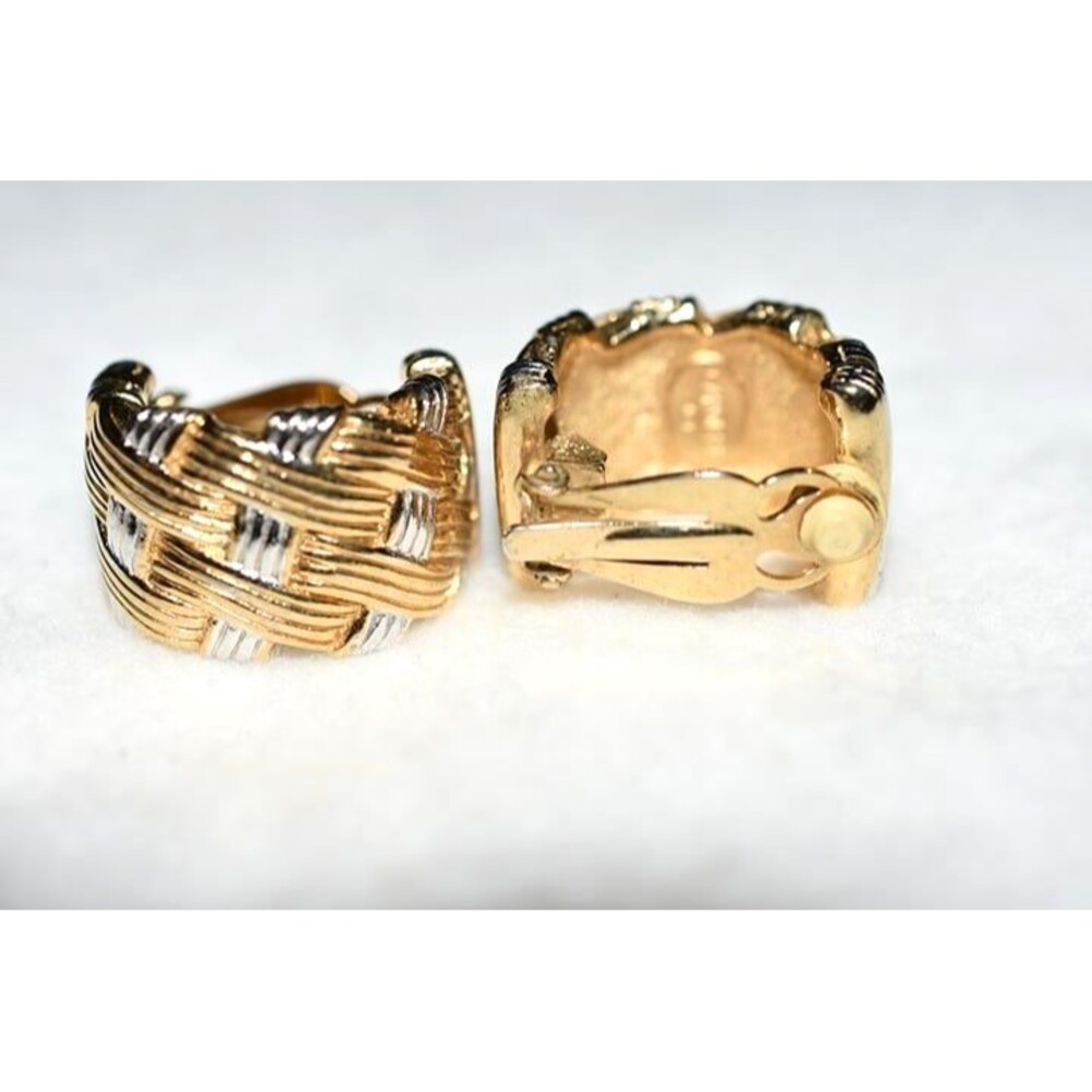 Vintage Carolee Stamped Gold/Silver Tone Weave Pattern Clip On 1970's Earring